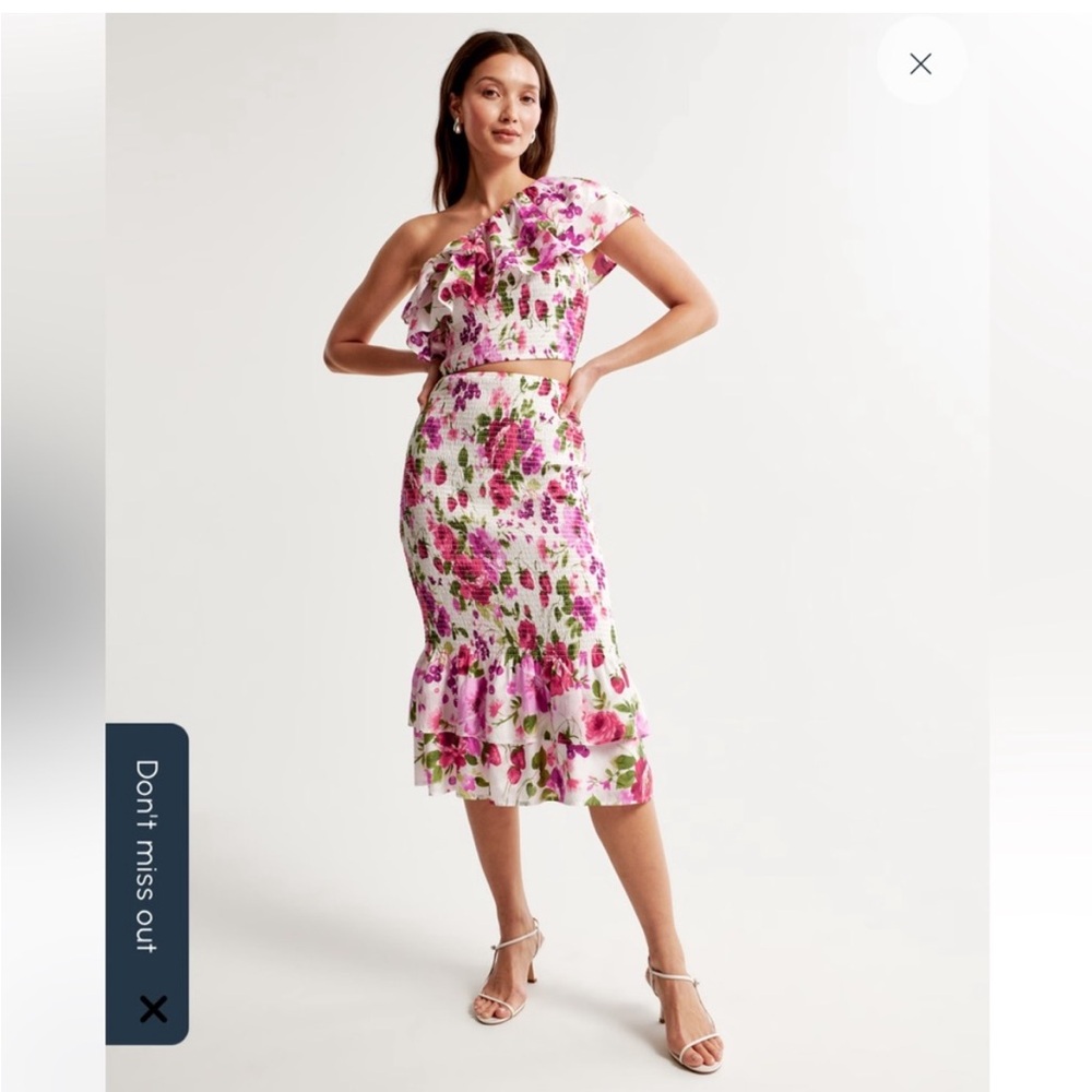 Asymmetrical One-Shoulder Ruffle Top and Smocked Midi Skirt two piece Set